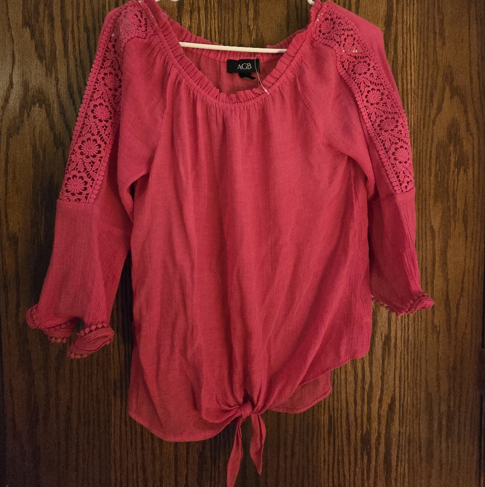 AGB Hot Pink Tie-Front Peasant Blouse with Lace Inset